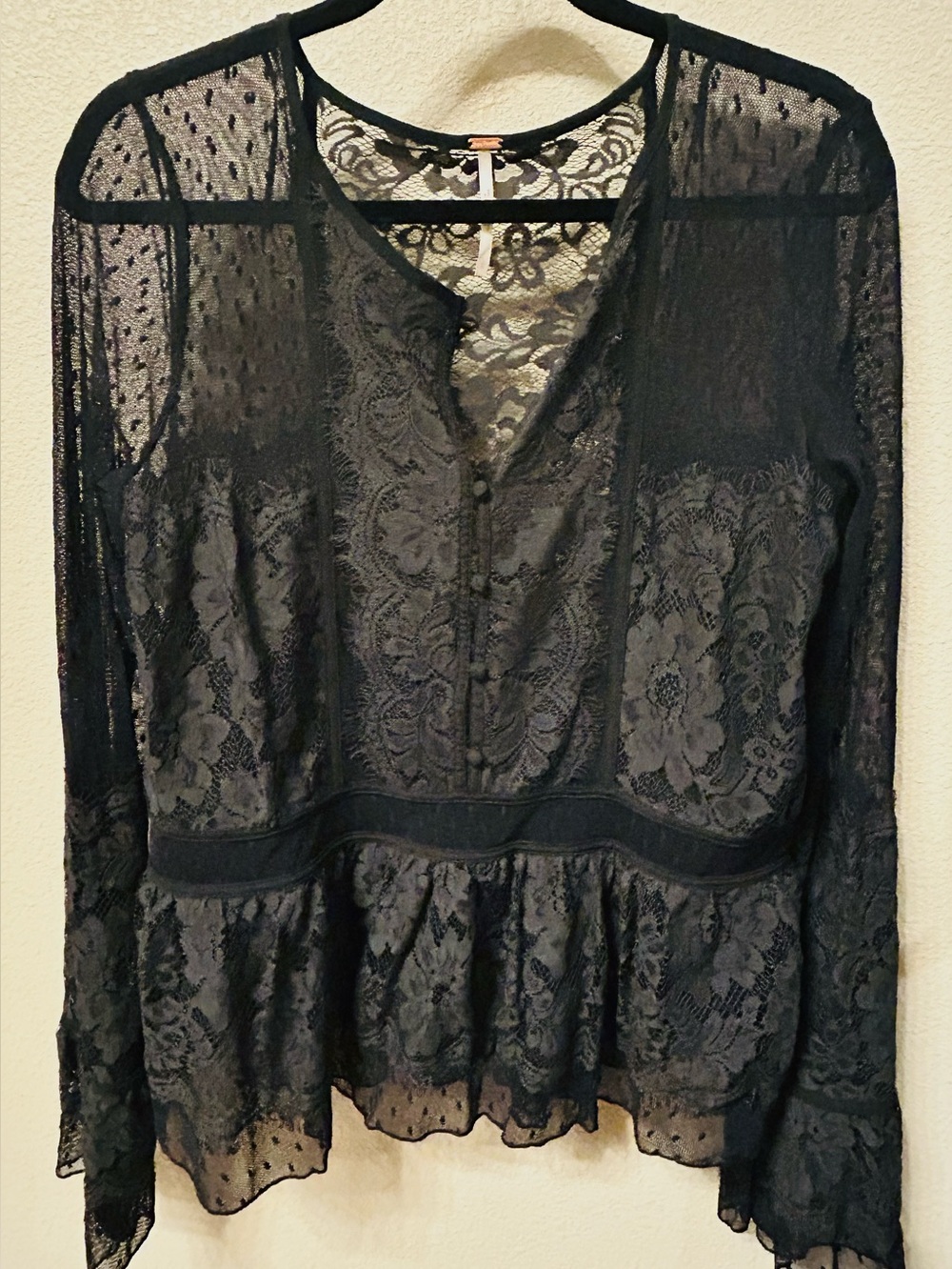 Free People Black Lace Mesh Bell Sleeve Peplum Top Boho Goth L